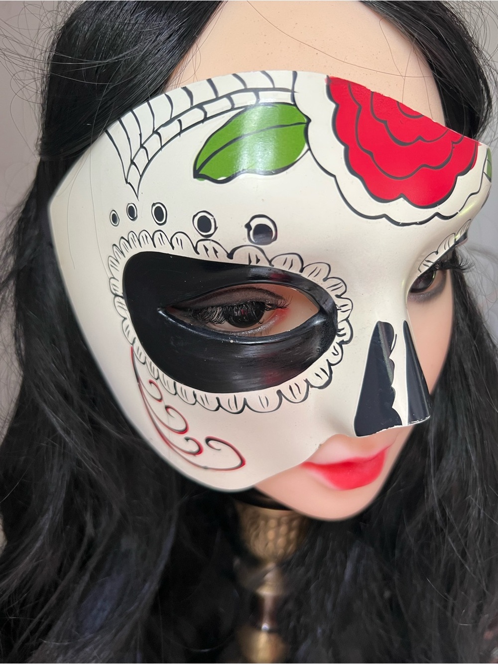 Day of the Dead Half-Face Sugar Skull Mask - White with Red & Black NEW